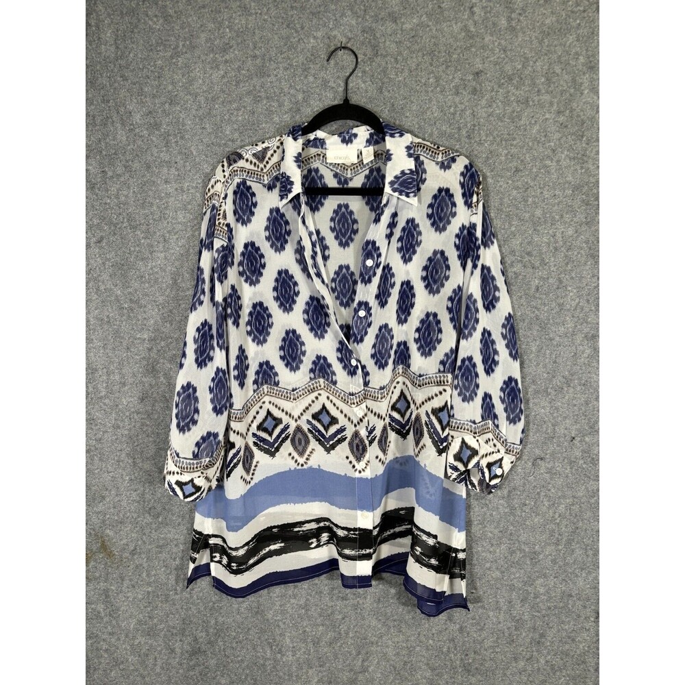 CHICOS Blouse Womens 3 XL Top Short Sleeve Sheer Cuffed Arms V Neck Relax